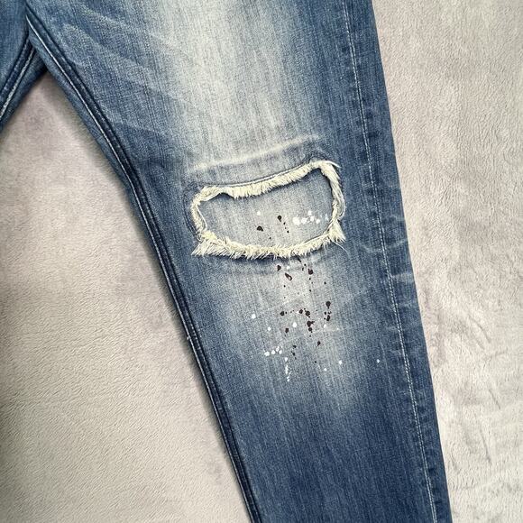 AKOO Jeans Mens 40/34 Blue Paint Splatter Distressed No Rivals Patch Big Oak Fit - Picture 3 of 16